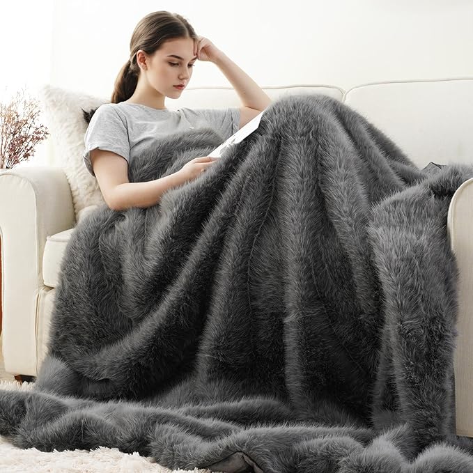 BATTILO HOME Luxury Fluffy Grey Faux Fur Throw Blanket, Cozy Warm Fur Blanket for Couch, Sofa, Chair, Bed, Plush Fuzzy Fur Throws with Long Pile, 50"x60"
