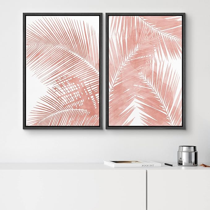 SIGNWIN Framed Canvas Print Wall Art Set Tropical Red Pastel Palm Leaf Plants Nature Wilderness Illustrations Modern Art Decorative Rustic Chic for Living Room, Bedroom, Office - 24"x36"x2 Black