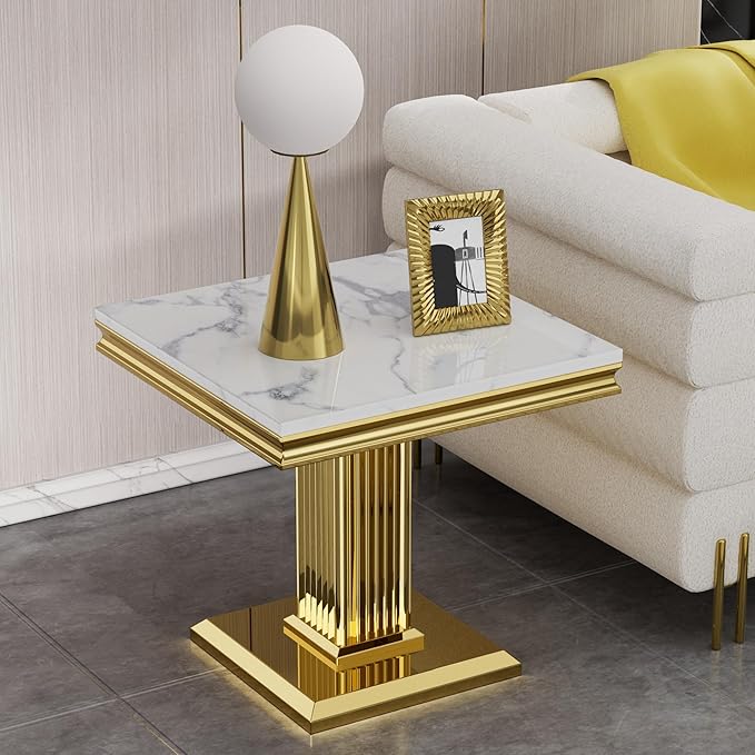 SSLine Modern White Faux Marble End Table Luxury Square Sofa Side Table with Gold Pedestal Base Mid-Century Elegant Bedside Table w/Mirrored Stainless Steel Frame for Living Room Bedroom