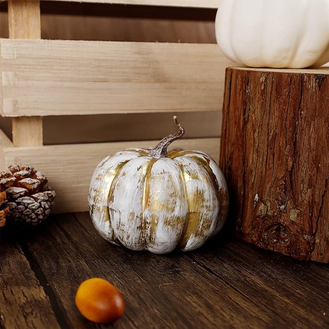 winemana 16 Pcs Golden and White Pumpkins Thanksgiving Pumpkin Decorations Assorted Sizes, Artificial Foam Harvest Autumn Decor, Fake Pumpkins Fall Decorations for Indoor Home Kitchen Table Mantle