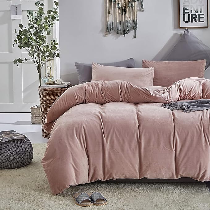Luxlovery Pink Velvet Comforter Set - Queen Size Flannel Plush Bedding - Modern Winter Thick Warm Solid Dusty Pink Quilts Blanket