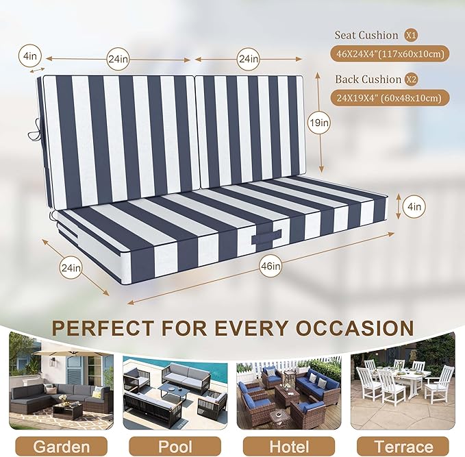 Outdoor Loveseat Cushion Set 46 x 26 Inch, Waterproof & Fade-Resistant Deep Seat Patio Cushions with Removable Cover, Ties & Hidden Zipper,Patio Love Seat Sofa Cushions for Sofa Bench Couch,BlueStripe