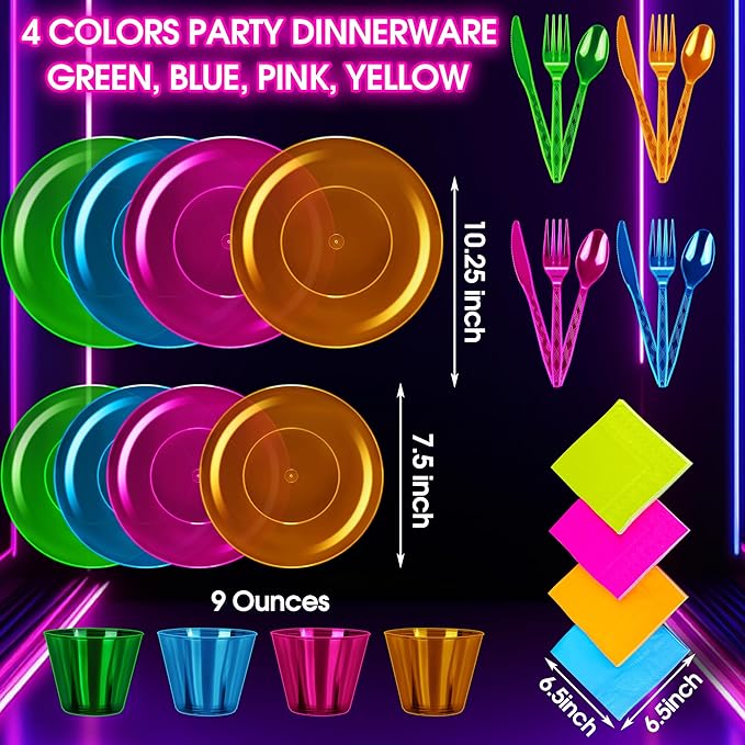 112 PCS Neon Party Supplies Serves 16 Including 7.5 & 10.25 In Disposable Plastic Neon Plates 9 Oz Cups Cutlery Napkins Tableware Set Dessert Cake Plates for Blacklight Party Birthday