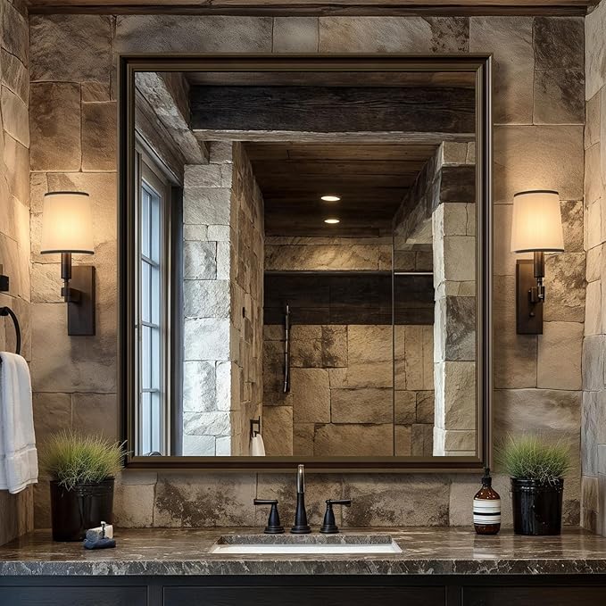 Retro Copper Effect Framed Wall Mirror, 36x40 Rectangle Mirror, 1/8"Anti-desilvering Tempered Glass, Sustainable&Sturdy Frame, Anti-Rust, HD Reflection &3min Fast Setup for Bathroom Living Room