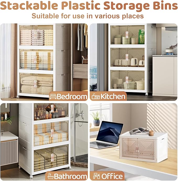 Storage Bins with Lid 76QT, Stackable Storage Containers with Wheels and Magnetic Doors, Plastic Clothes Closet Organizers and Storage Box for Pantry, Home and Office (4 Pack)
