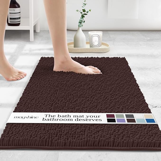 MAYSHINE Plush Shaggy Chenille Bath Mat | Extra Soft, Super Absorbent, Non-Slip Bathroom Rug | Fluffy Microfiber, Area Rug Sets for Bathroom Floor, Kitchen, Living Room | 23"x14" | Brown