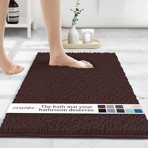MAYSHINE Plush Shaggy Chenille Bath Mat | Extra Soft, Super Absorbent, Non-Slip Bathroom Rug | Fluffy Microfiber, Area Rug Sets for Bathroom Floor, Kitchen, Living Room | 23"x14" | Brown