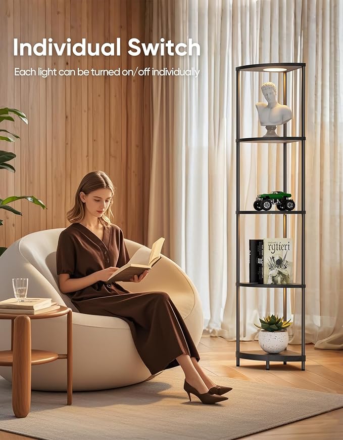 Corner Shelf with RGBCW LED Light, 64.5” Tall Floor Lamp Narrow Bookshelf Organizer, Standing Shelves with Metal Pole, Display Storage Rack for Wall Corner, Living Room, Bedroom, Office Décor, Black