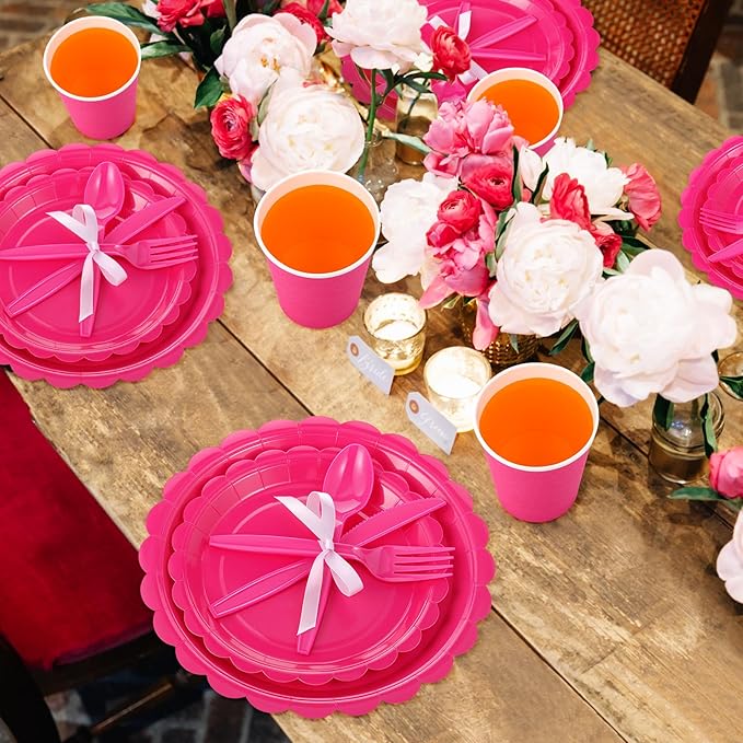350 Pcs Hot Pink Plates and Napkins, 50 Guest Breast Cancer Awareness Party Supplies Include Scalloped Paper Plates Napkins Cups Plastic Spoons Forks Knives Disposable Tableware Set for Women