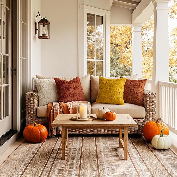 MIULEE Fall Pumpkin Pillow Covers 18x18 Inch Set of 4 - Soft Cozy Plush Decorative Pillows with Embroidered Pumpkin Pattern Autumn Halloween Holiday Decor for Sofa Couch Bed Living Room,Rust-Yellow
