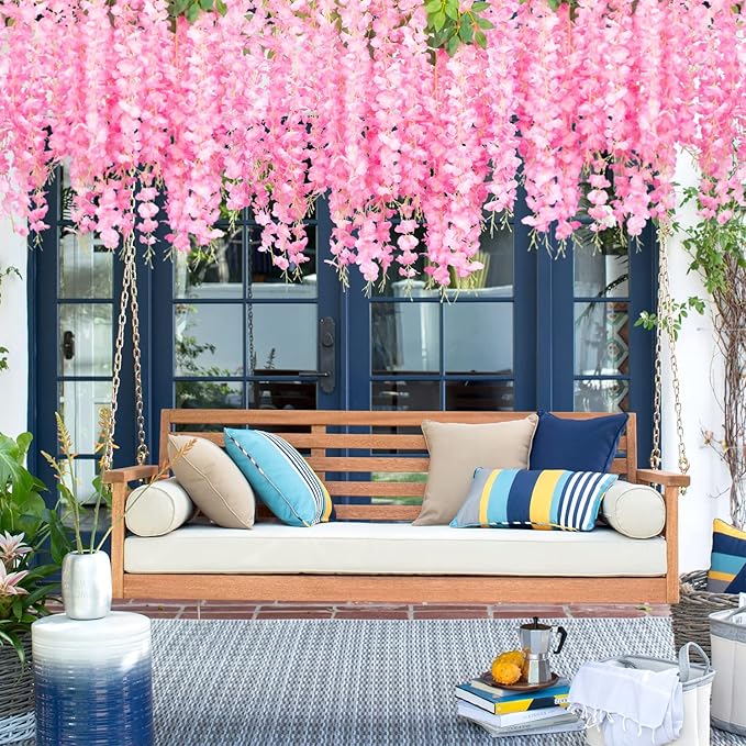 24 Pack Artificial Fake Wisteria Vine Ratta (3.75 Feet) Hanging Garland Silk Flowers String Home Party Wedding Decor(Pink)