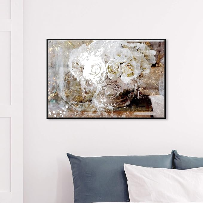 The Oliver Gal Artist Co. Floral and Botanical Framed Wall Art Canvas Prints 'Serving Roses' Florals, White, Gold, 36" x 24"