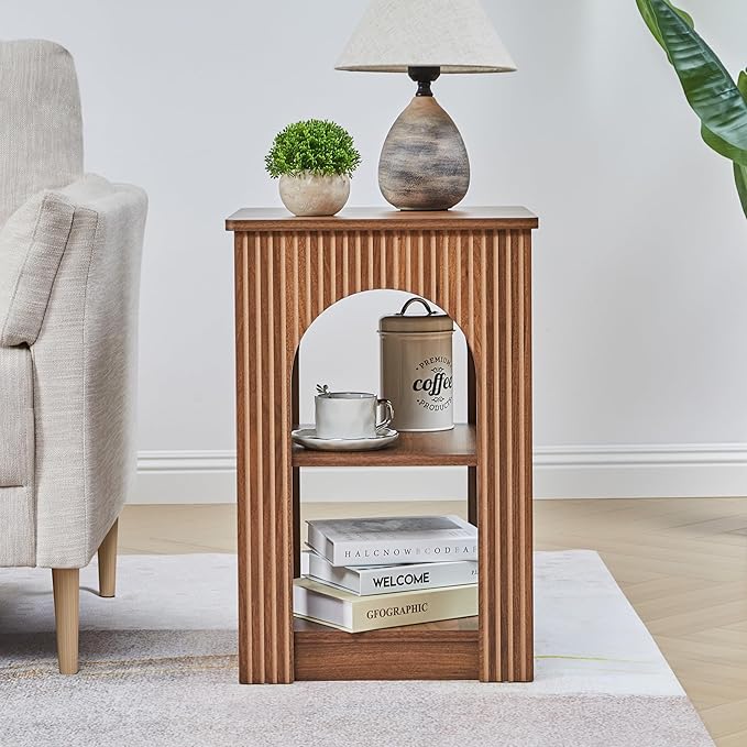 End Table with 3-Tier Storage, Mid-Century Modern Side Table with Arched Carving Lines, Square Fluted Nightstand Accent Table for Living Room, Bedroom, or Office (1, Walnut)