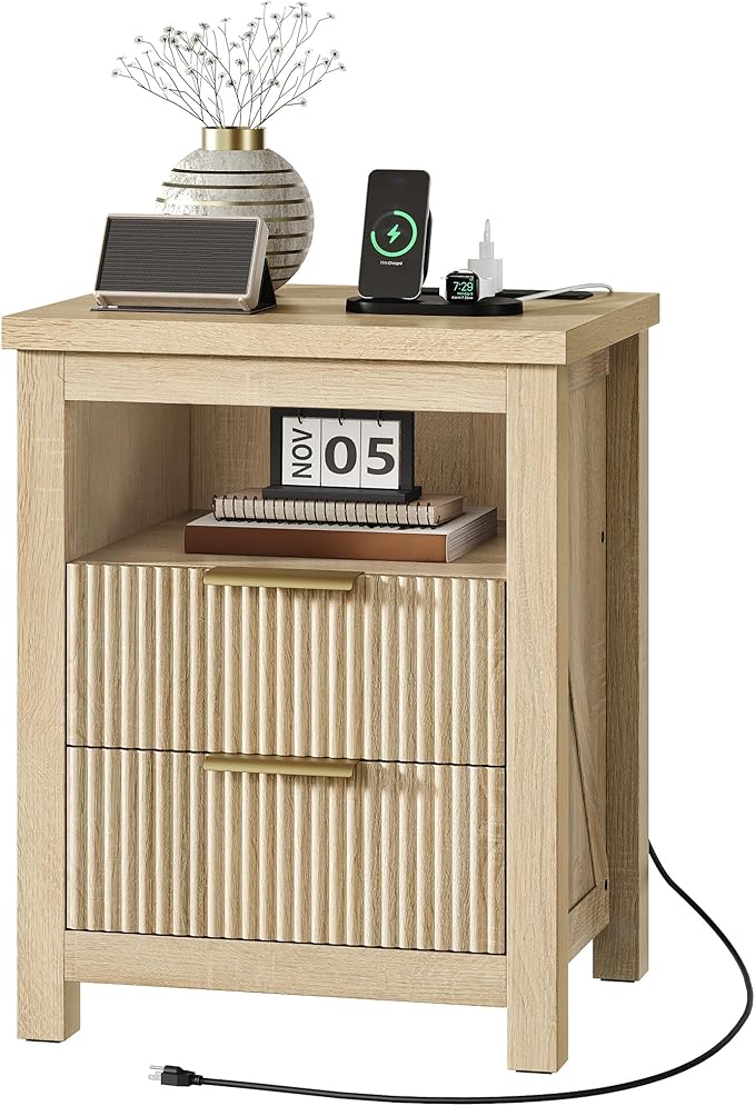 Fluted Nightstand, End Table with Charging Station and 2 Drawers, Farmhouse Nightstands with Fluted Panel, Engineered Wood Side Table for Bedroom Sunwashed Ash Oak MBZ06USO