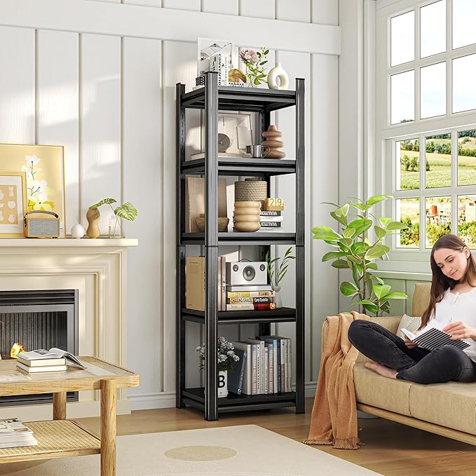 5-Tier Bookshelf, Metal Book Shelf, Adjustable Bookcase, Tall Shelves in Living Room/Home/Office/Kitchen/Bedroom, Storage Organizer for CDs/Books/Movies, Modern, Black