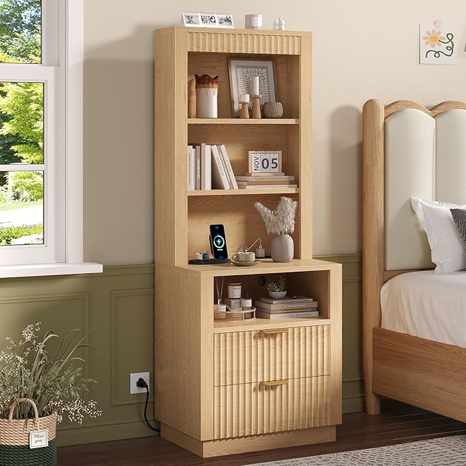 ADORNEVE Tall Fluted Nightstand, Side Table with Drawers & Open Shelf, Mid Century Modern Night Stand with Metal Handle, Wooden Bedside End Table for Bedroom,Living Room,Natural Oak