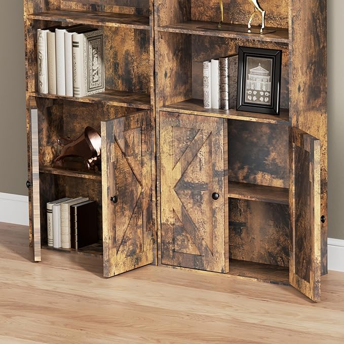 Tall Wooden Bookshelf with Cabinet and Doors,Vintage Brown Bookcase for Bedroom, Living Room, or Home Office Storage,6 Shelves for Heavy Books & Organization