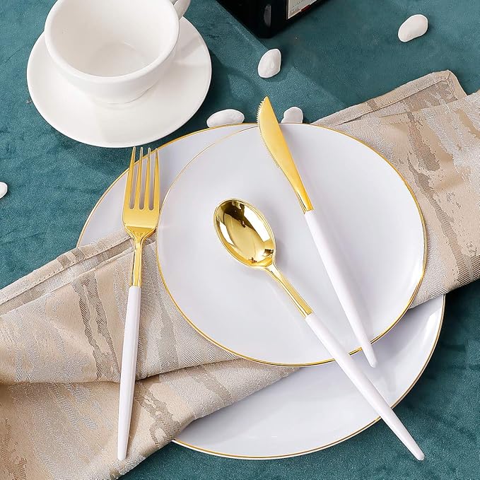 Supernal 150pcs White and Gold Plastic Plates,Gold Plastic Silverware,White Dinnerware Set Includes 60 Plates,30 Forks,30 Knives,30 Spoons For Weddings Celebrations