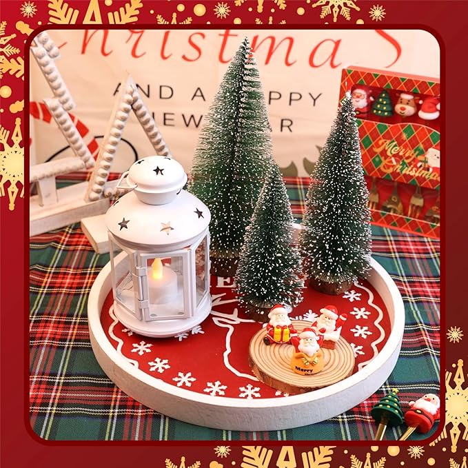 Christmas Reindeer Wood Decorative Ottoman Tray for Coffee Table Kitchen Counter, Living Room, Round Handcrafted Red Wooden Serving Tray for Table Centerpiece