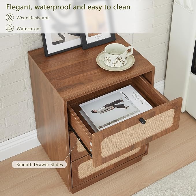 Nightstand with 3 Drawers Set of 2, Mid Century Modern Night Stand with Linen Drawers & Stable Legs, Wood Rustic Bedside Table End Table Side Table for Bedroom, Walnut