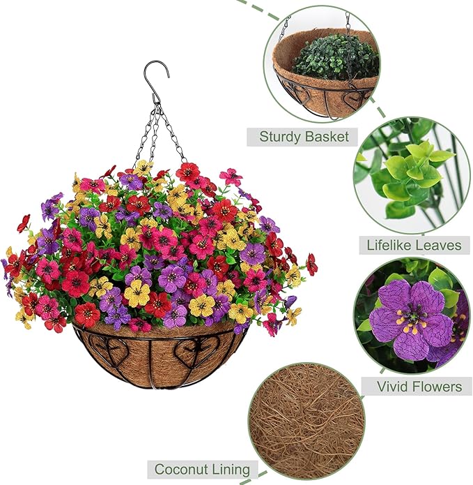 Alynsehom 2 Set Artificial Flowers with Hanging Basket, 2 Outdoor Hanging Plants with 24pcs Faux UV Resistant Fake Silk Azalea in Baskets for Porch Garden Patio Balcony Yard Home Decor(4 Colors)