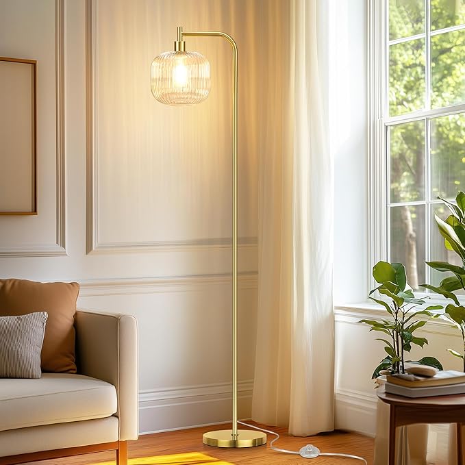 QiMH Glass Floor Lamp for Living Room, Modern Standing Lamp with Ribbed Clear Glass Lampshade Pedal Switch, 67” Tall Lamp for Bedroom Study Room, Brushed Gold (2700K LED Bulb Included)