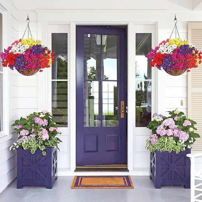 KHOYIME Artificial Hanging Flowers Plants Basket for Outdoors Indoor, 2 Set Faux Silk White Yellow Purple Fuchsia Red Pink Morning Glory Fake Eucalyptus Planters Spring Summer Home Garden Patio Decor