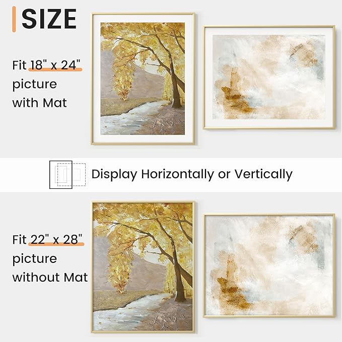22x28 inch Metal Poster Frame - 22 x 28 Thin Aluminum Picture Frames Matted for 18x24 Photos, Artworks, Prints, Puzzle - High Definition Plexiglass - Vertical and Horizontal Display - Wall Hook Hanging Hardware Included - Gold, Set of 1