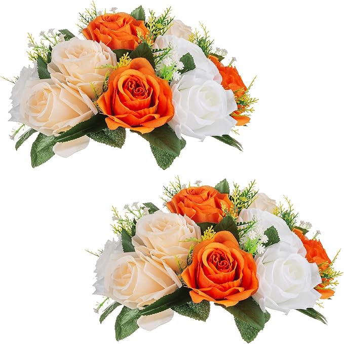 NUPTIO Flower Balls for Wedding Centerpieces - 2 Pcs 9.5 inch Diameter Fake Flower Ball Arrangement Bouquet Party Centerpieces for Tables - Orange Rose Bouquet Centerpiece Flowers for Table