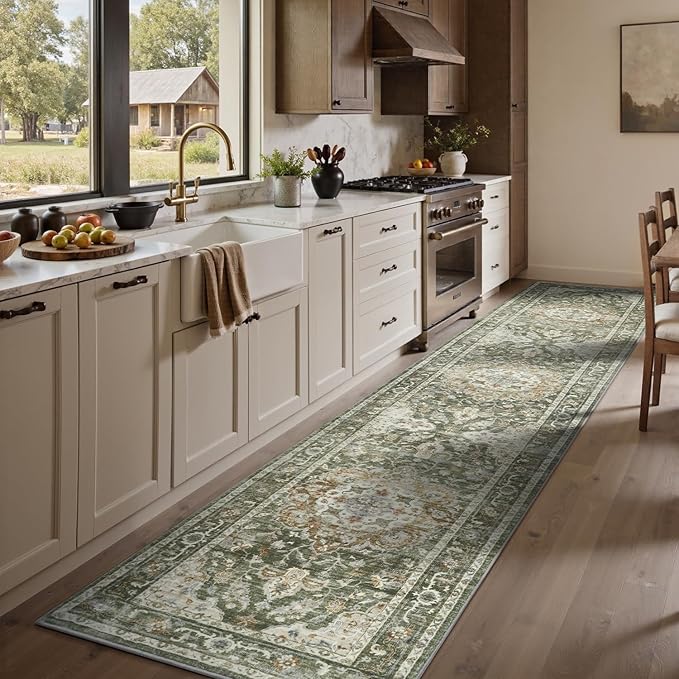 PADOOR-Vintage Runner Rug 2X10 Runners for Hallways-Soft Olive Green Washable Bedside Rugs for Bedroom-Non Slip Long Rug for Hallways Entryway Laundry Room Stair Kitchen Bathroom