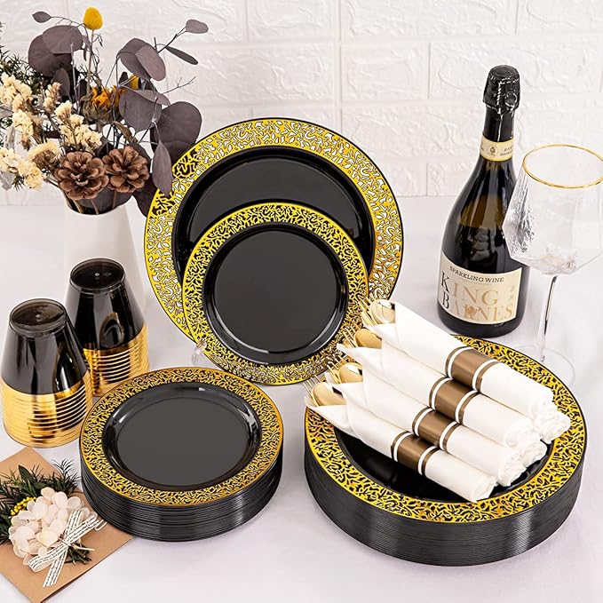 NOCCUR 210pcs Black and Gold Dinnerware Set - Black Disposable Plates and Napkins Party Supplies Include 60 Dinner/Dessert Plates, 30 Prerolled Plastic Cutlery&30 Cups for Party, Birthday, Halloween
