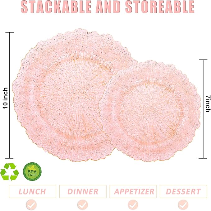 U-QE 60PCS Pink Plates for Party - Pink Plastic Plates Disposable&Reusable - Clear Pink Heavy Duty Plastic Plates for Party Including 30 Plastic Dinner Plates 10" & 30 Plastic Dessert Plates 7"