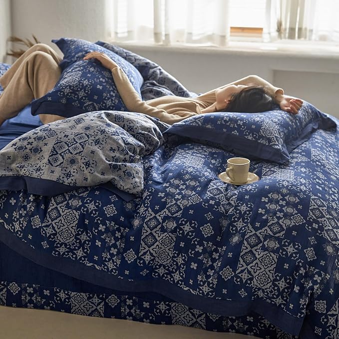 VM VOUGEMARKET Blue White Duvet Cover King Jacquard Geometric Pattern Bedding Set 3 Pieces Yarn-Dyed Cotton Boho Duvet Cover with 2 Pillow Shams