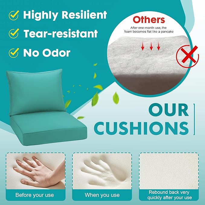 Outdoor Deep Seating Cushion Set, 24" x 24", Waterproof & Fade Resistant Patio Furniture Cushions with Handle, Deep Seat and Back Cushion for Chair and Sofa (2, Green)