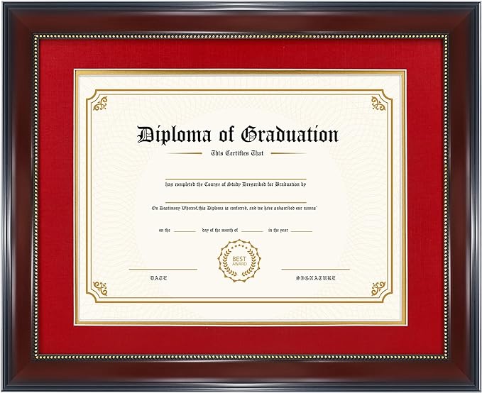 GraduatePro 8.5x11 Diploma Frame with Red Over Gold Mat or Display 11x14 Document Without Mat, CPA License Frame, UV Protection Acrylic, Mahogany with Gold Beads