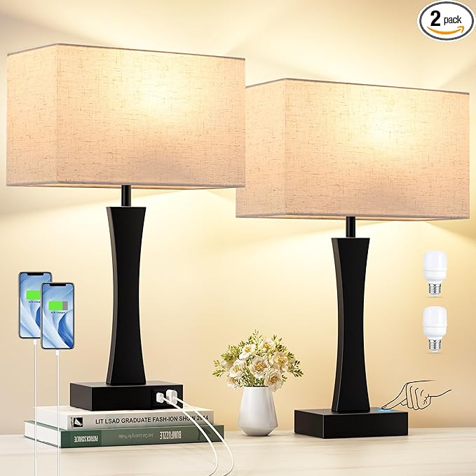 Bedside Lamps for Night Stands - 3 Way Dimmable Table Lamp for Bedroom with USB C+A Ports,Modern Bedside Lamps Set of 2, Touch Lamps for Nightstands(Cream)