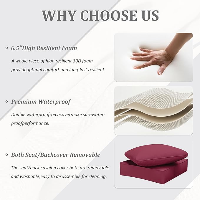 Outdoor Seat Cushion Set 24 x 24 x6.5 Inch Splash-Proof & Fade Resistant Patio Furniture Cushions with Removable Cover Deep Seat & Back Cushion with Straps for Chair Sofa Couch