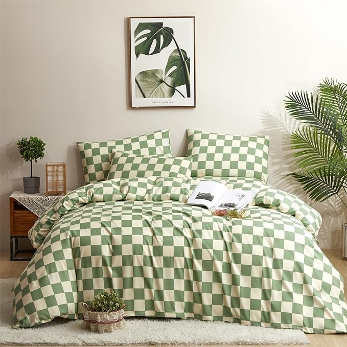 CLOTHKNOW Green White Plaid Comforter Set Twin/Twin XL Grid Bedding Comforter Sets Buffalo Checnker Comforter Soft Green White Comforter Sets
