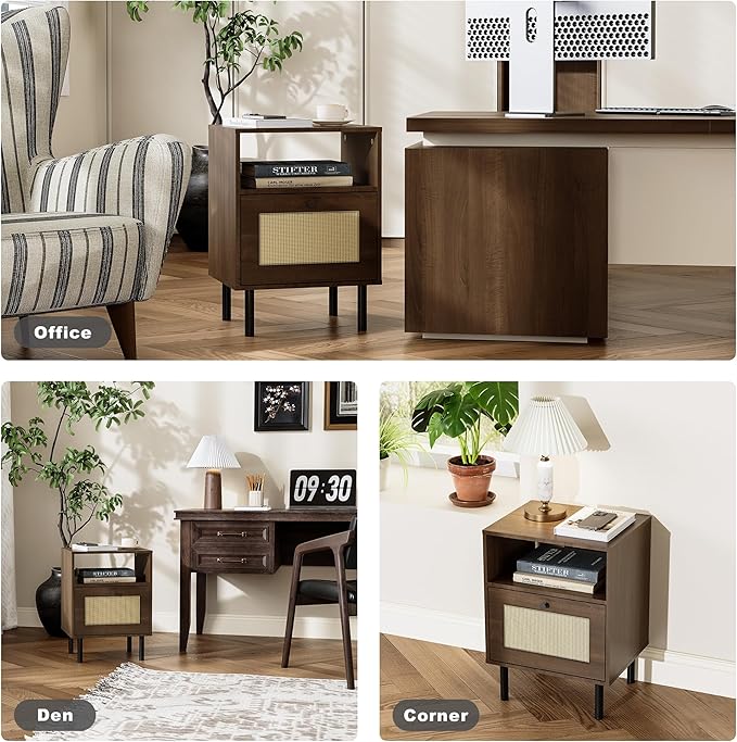 Rattan Nightstand with Storage Boho Modern Farmhouse Bedside Table with Drawer & Open Shelf Light Wood End Table for Bedroom, Living Room, Office, Dorm - Natural Walnut 0ak Color