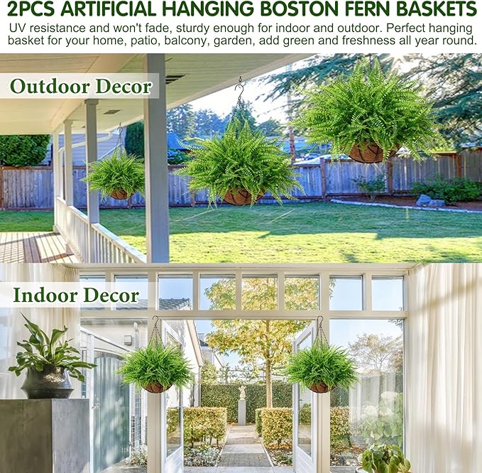 KHOYIME Artificial Hanging Plants with Basket 2PCS Fake Boston Fern Baskets, Outdoor Faux Greenery Stems Hanging Decor UV Resistant Indoor Outside Decorations for Home Garden Porch Balcony Patio Yard