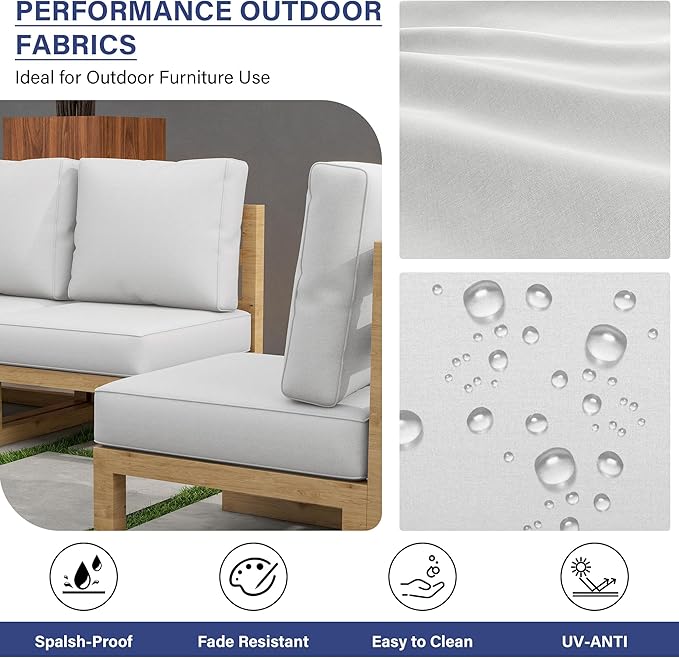 UIXE 24.5" Deep Seat Outdoor Cushion Set with Back Pads, Patio Furniture Cushions, Sectional Sofa Bistro Chair Cushion - White, Set of 6