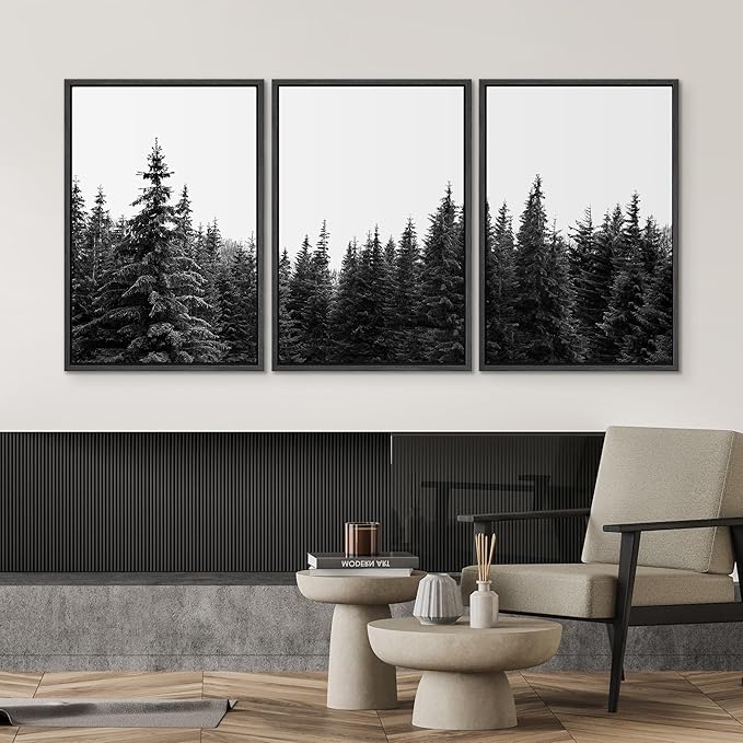 SIGNWIN 3 Piece Framed Canvas Wall Art Woodland Nursery Decor Black and White Forest Photo Nature Illustrations Abstract Traditional Home Artwork Decoration for Living Room,Bedroom - 16"x24"x3 Black