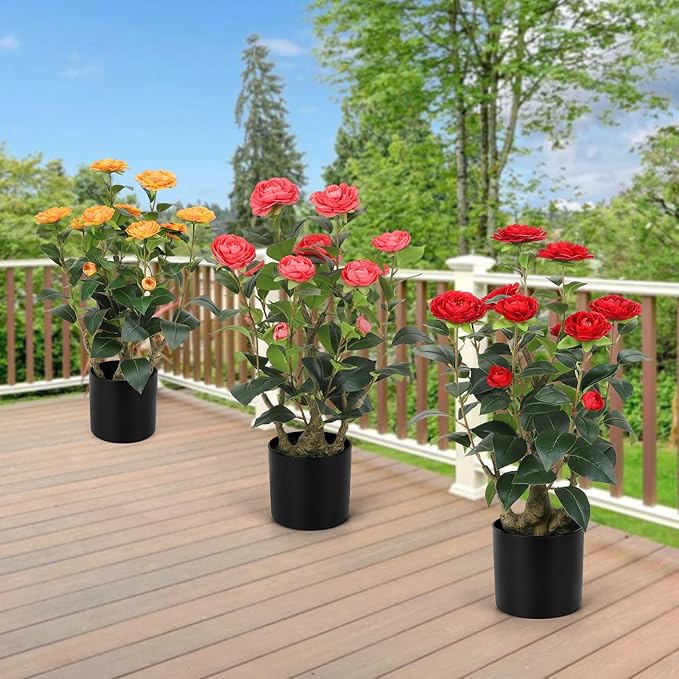 Romantic Season 2FT Red Artificial Camellia Tree 2Pack, Faux Camellia Plant Fake Potted Camellia Flower Tree for Modern Home Office Living Room Floor Décor