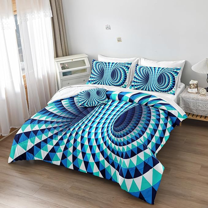 Bedorm Triangle Geometric Comforter Set 3D Abstract Bedding Set with Sheet Set Aqua Blue Triangle Tunnel Aesthetic Comforter Modern Psychedelic Bedding Comforter Set Queen