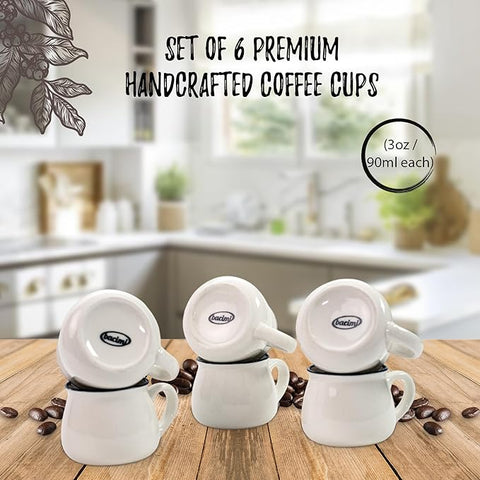 Bacimi® Mini Ceramic Espresso Coffee Mugs (Set of 6 / 3oz 90ML) - Small Drinking Cups - Dishwasher & Microwave Safe - Diner Style Modern Mugs for Coffee, Tea, Cocoa, Milk & Latte - White