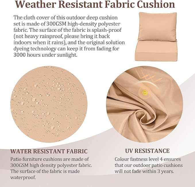 Waterproof Outdoor Chair Cushion Set of 2, 22x22x4 IN Deep Seat Patio Cushions with Fade Resistant Removable Cover,Outdoor Cushions for Patio Furniture with Ties&Handle for Chair Sofa Couch,Beige