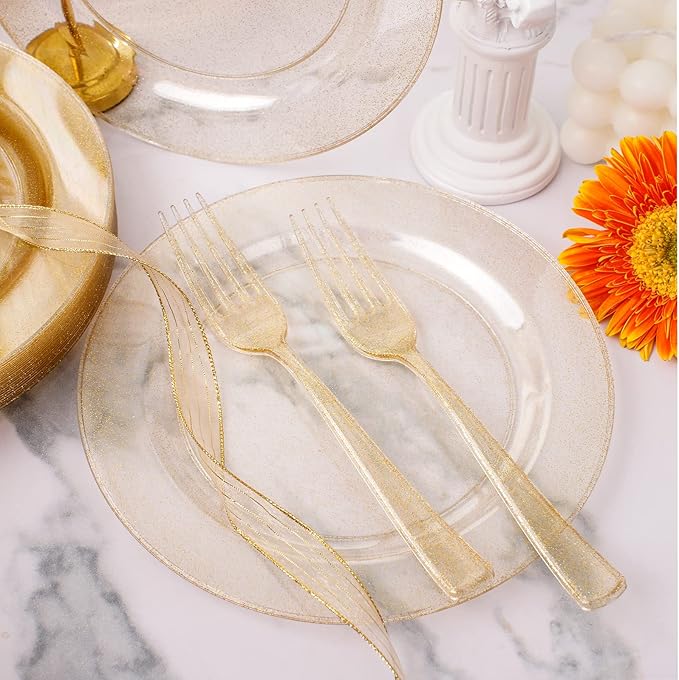 WELLIFE 150-Piece Gold Glitter Disposable Party Tableware Set for 50 Guests-Includes 50 Dessert Plates,50 Plastic Forks & 50 Cups-Elegant Plastic Plates for Wedding,Birthday,Anniversary(Gold Glitter)