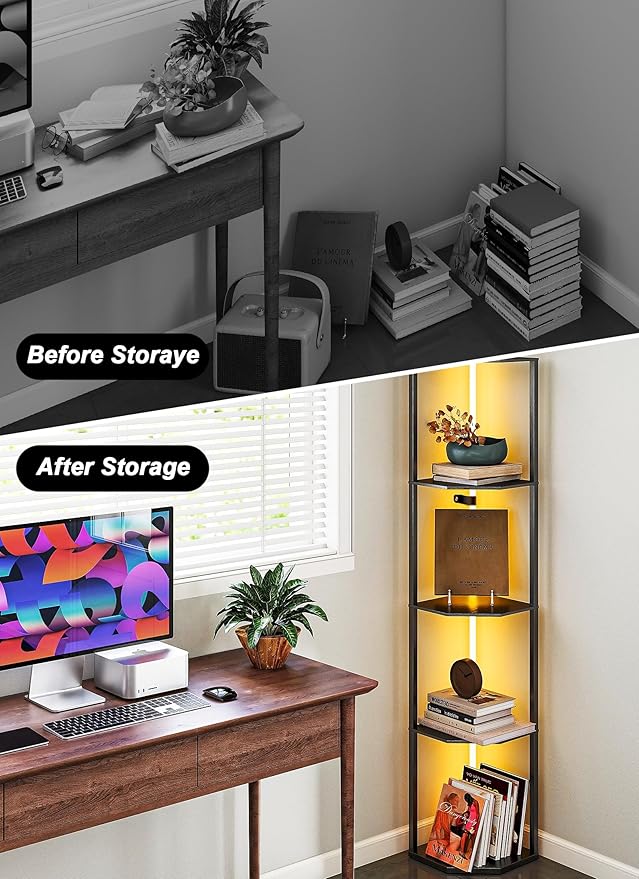 Smart Corner Shelf with Light 5-Tier Display Shelf & Floor Lamp w/ APP & Remote Control RGB LED Display Curio Case for Collectibles Dimmable Space-Saving Corner Shelves for Living Room Bedroom Decor