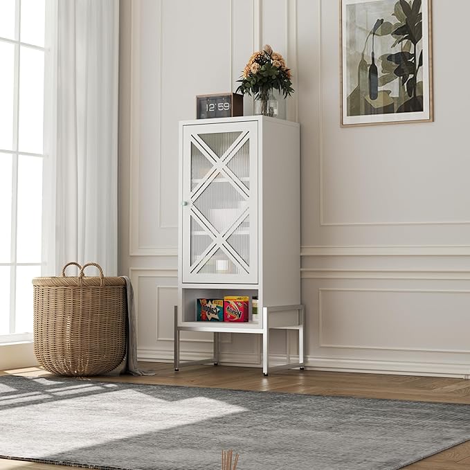LEYNOT Small Bathroom Storage Cabinet 42.51“H Metal Bathroom Floor Cabinet with Adjustable Shelves for Pantry，Kitchen, Home Office, Living Room, Dinning Room (White+Transparent Door Panel)