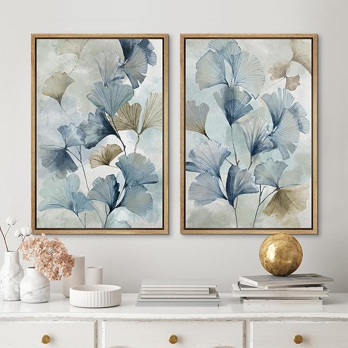 MUDECOR Framed Canvas Print Wall Art Blue Ginkgo Flower Illustrations Modern Art Decorative Bohemian Colorful Chic for Living Room, Bedroom, Office - 24"x36"x2 Natural